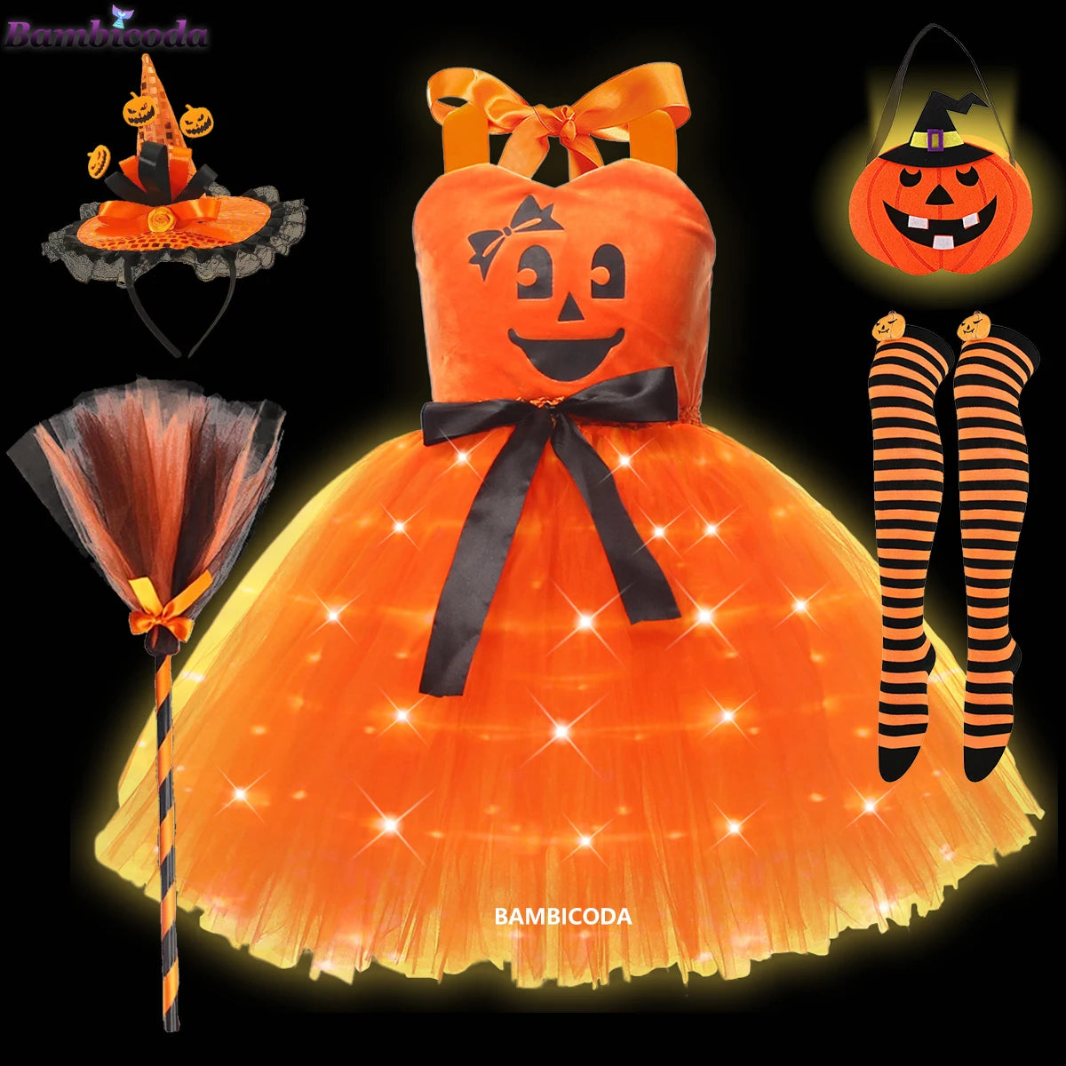 Girls LED Light-Up Witch Costume Dress – Halloween Vampire Cosplay Outfit for Carnival, Masquerade, Performance & Pumpkin Parties