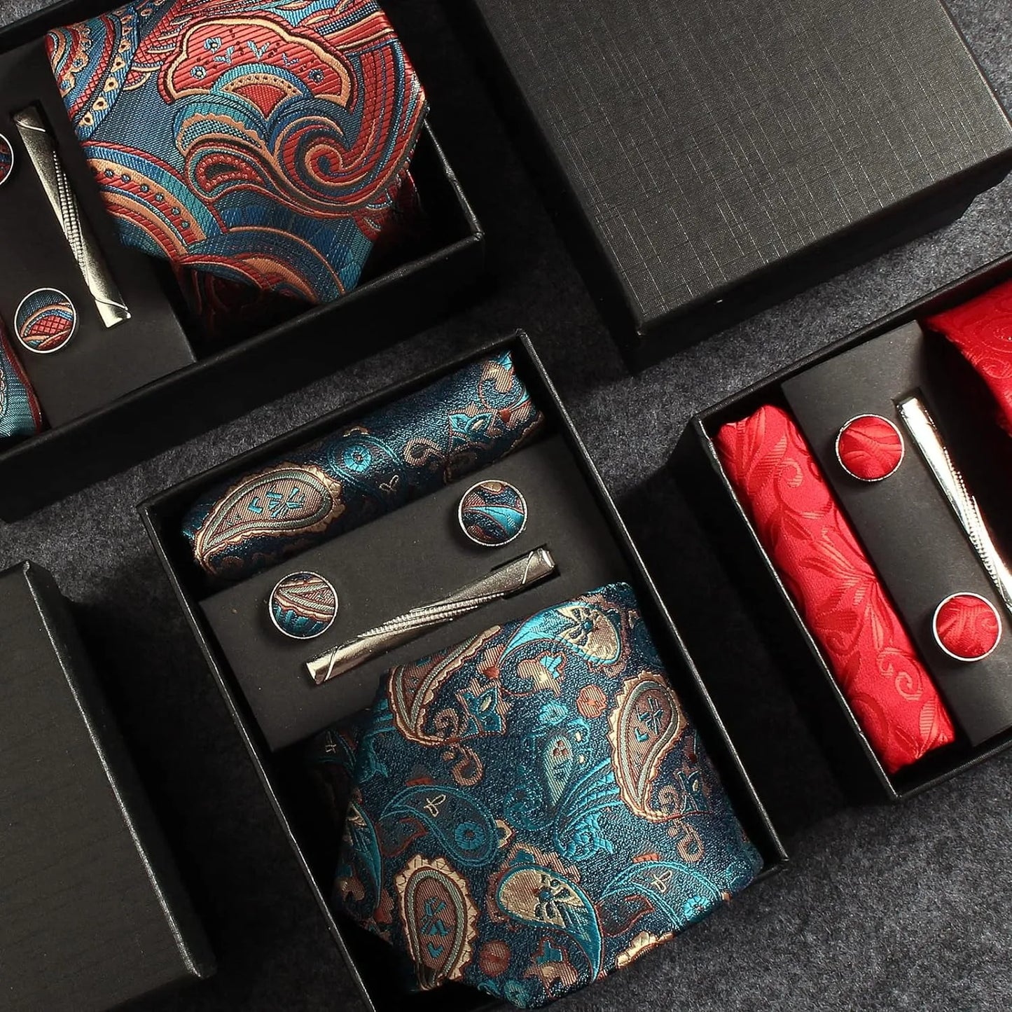 Corbata de seda 100% con diseño floral de Paisley para hombre con pañuelo de bolsillo, pasador de corbata y gemelos en caja de regalo