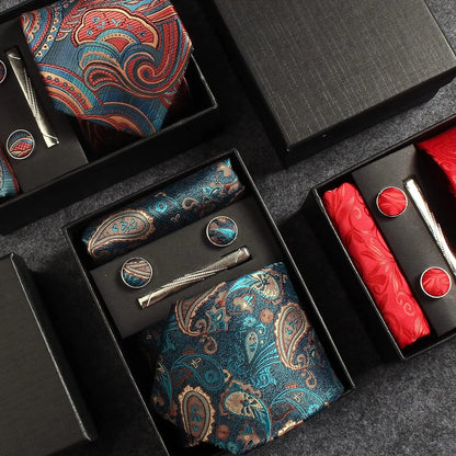 Corbata de seda 100% con diseño floral de Paisley para hombre con pañuelo de bolsillo, pasador de corbata y gemelos en caja de regalo