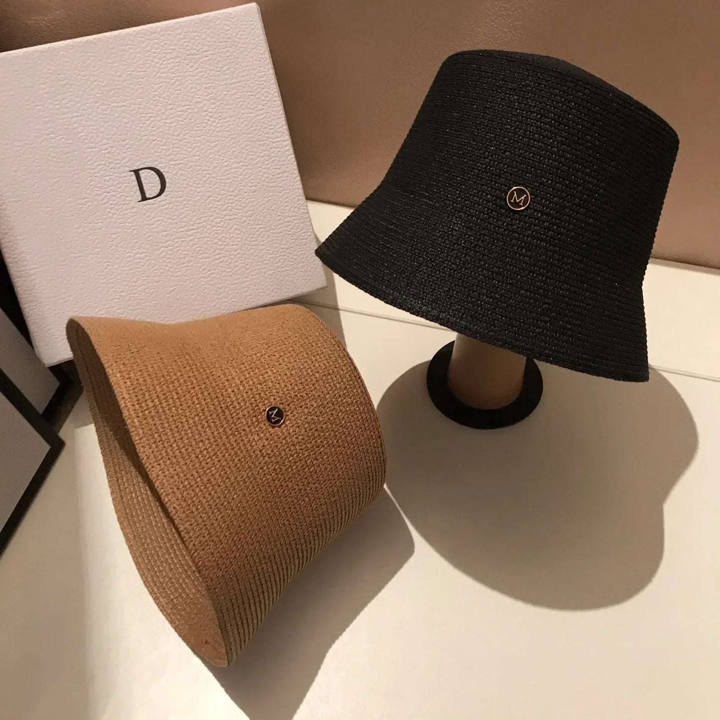 Japanese Designer M Straw Woven Summer Sun Hat for Women Casual Travel Panama Bucket Hat Sunscreen Slim-Face Luxury