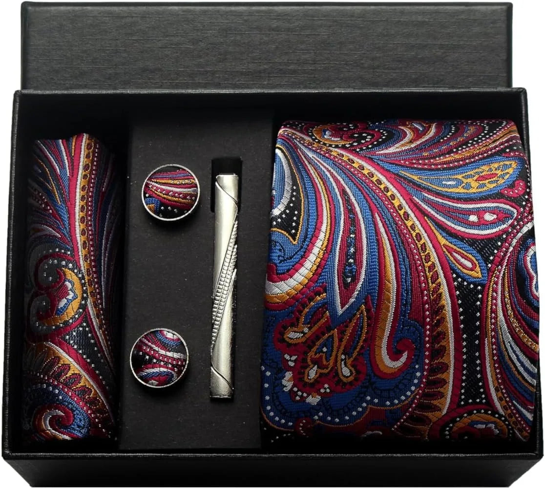 Corbata de seda 100% con diseño floral de Paisley para hombre con pañuelo de bolsillo, pasador de corbata y gemelos en caja de regalo