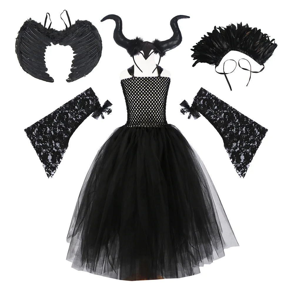 2026 Girls’ Evil Queen Halloween Costume – Black Tulle Mesh Princess Cosplay Dress, Gothic Dress-Up Outfit for Kids’ Halloween Parties