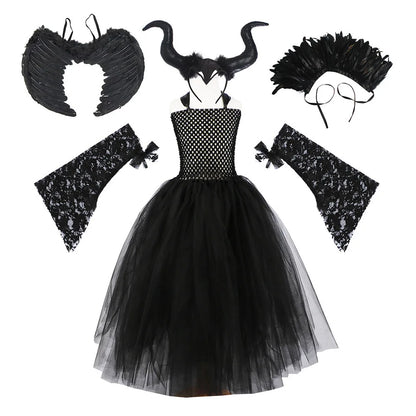 2026 Girls’ Evil Queen Halloween Costume – Black Tulle Mesh Princess Cosplay Dress, Gothic Dress-Up Outfit for Kids’ Halloween Parties