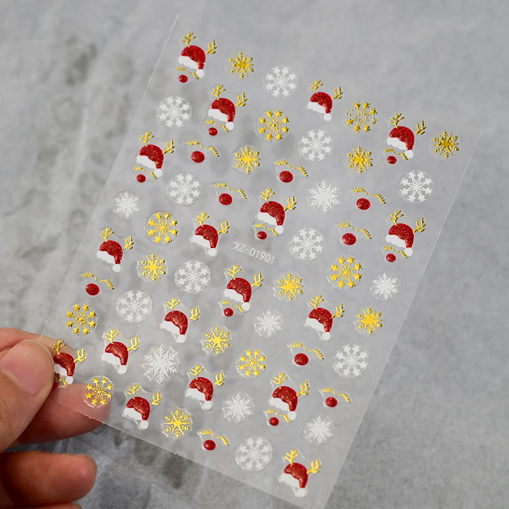 Christmas Nail Art Stickers – Red Glitter Snowflake, Elk & Snowman Self-Adhesive Holiday Manicure Decals (1–12pcs)