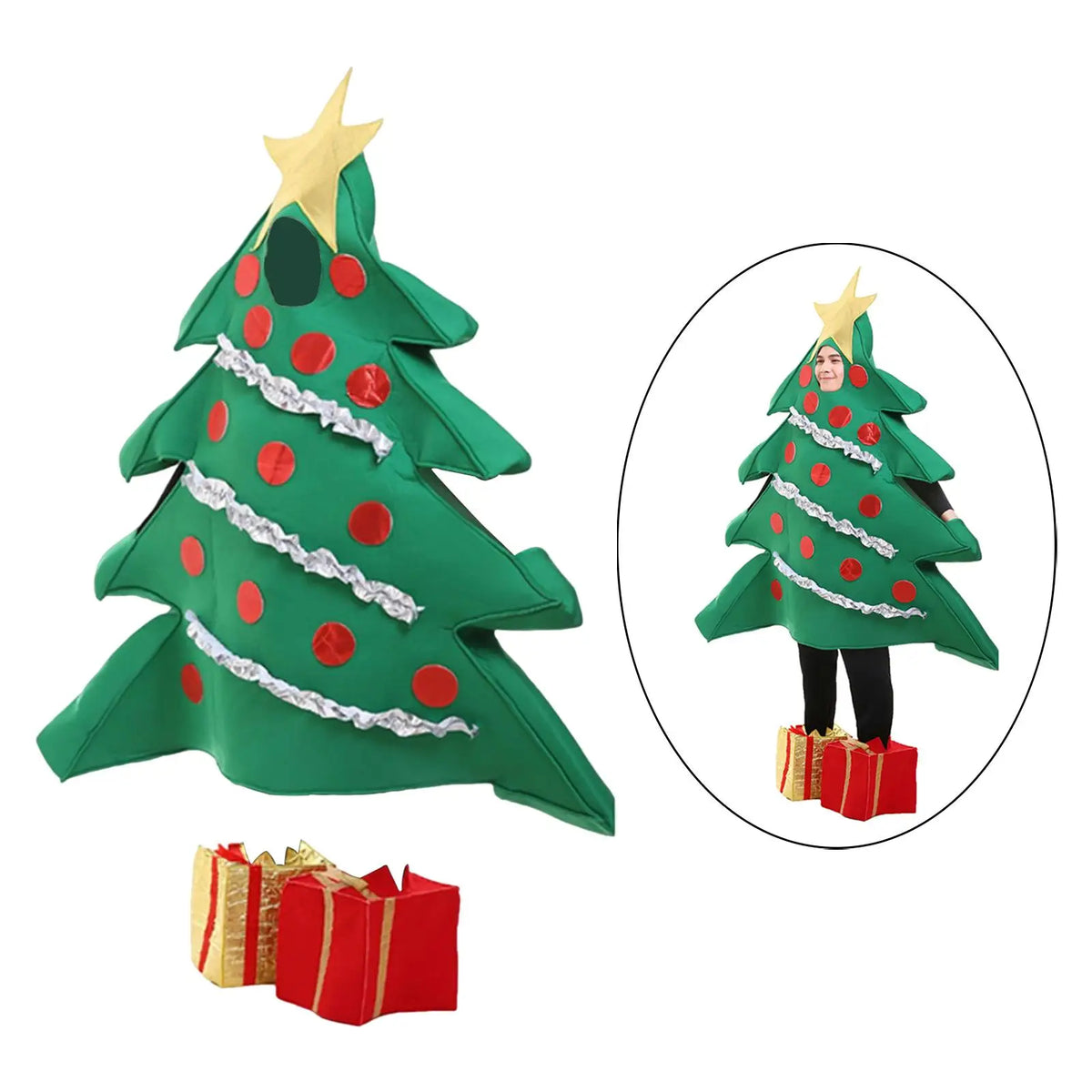 Adult Christmas Tree Costume with Shoe Covers, Funny Holiday Cosplay Outfit for Men and Women, Xmas Party Masquerade, Fancy Dress, Role Play and Festive Celebrations