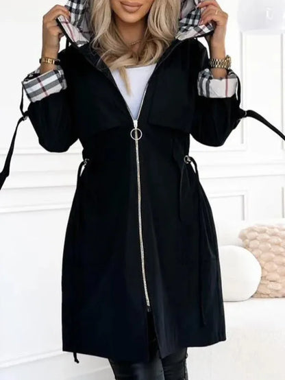 Women’s Hooded Plaid Trench Coat – Long-Sleeve Casual Cardigan Jacket, Solid Color Streetwear Outerwear for Autumn & Winter