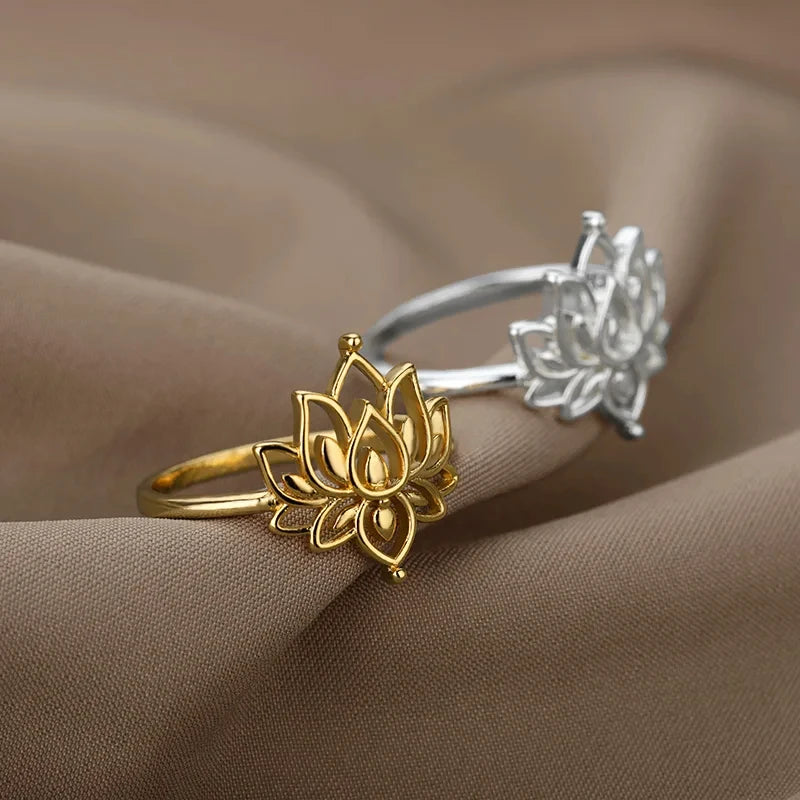 Gold Stainless Steel Lotus Flower Opal Ring – Vintage Oval Stone Statement Ring for Women | Elegant Fashion Jewelry Gift