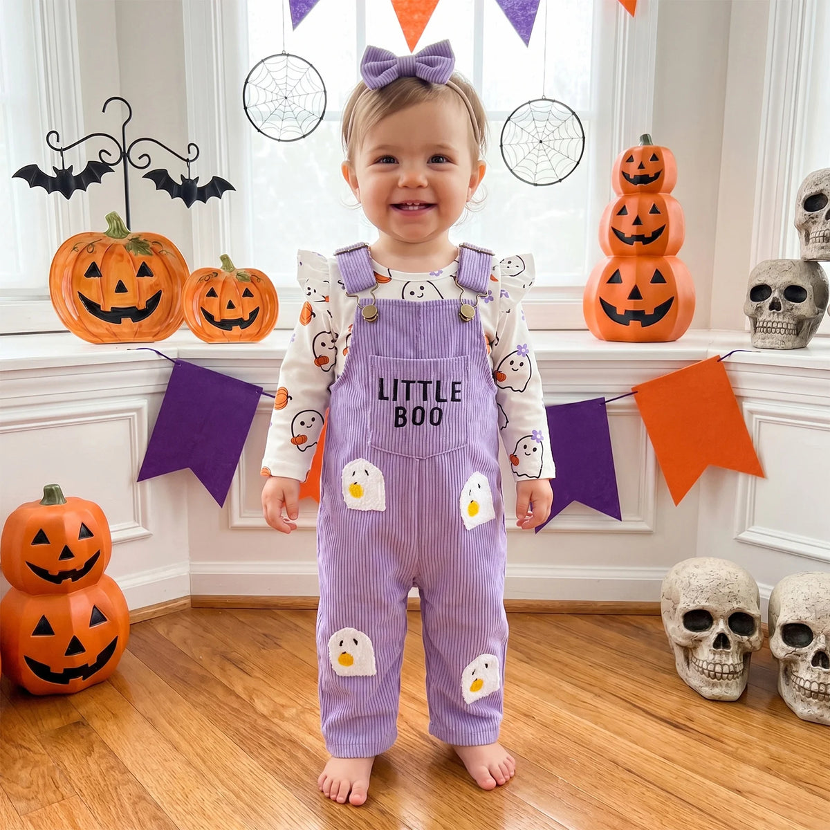 Toddler Girls 3-Piece Halloween Outfit – Long-Sleeve Striped Romper with Pumpkin & Ghost Embroidery, Overalls & Bow Headband