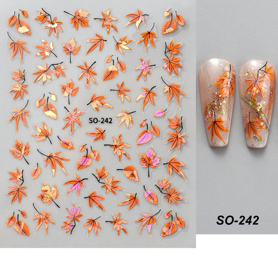 2pcs 3D Autumn Nail Stickers – Laser Maple Leaf Nail Art Decals for Fall Manicure Decoration