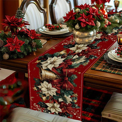 Christmas Poinsettia Table Runner – Winter Xmas Floral Tablecloth with Bells & Berry Design for Kitchen, Dining Table & Home Decor