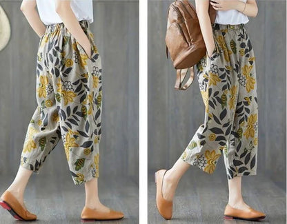 Pantalones Harlan de Verano para Mujer de Lino y Algodón, de Cintura Alta, Sueltos, Delgados, Estampados, Informales, tipo Farol, de Nueve Puntos con Bolsillos