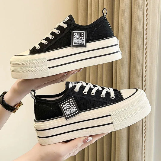 Zapatillas de lona con plataforma para mujer, con cordones, informales, para caminar, cómodas y a la moda