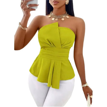 Top Peplum Strapless para Mujer – Elegante Blusa Cruzada con Cinturón para Vacaciones, Oficina y Uso Casual