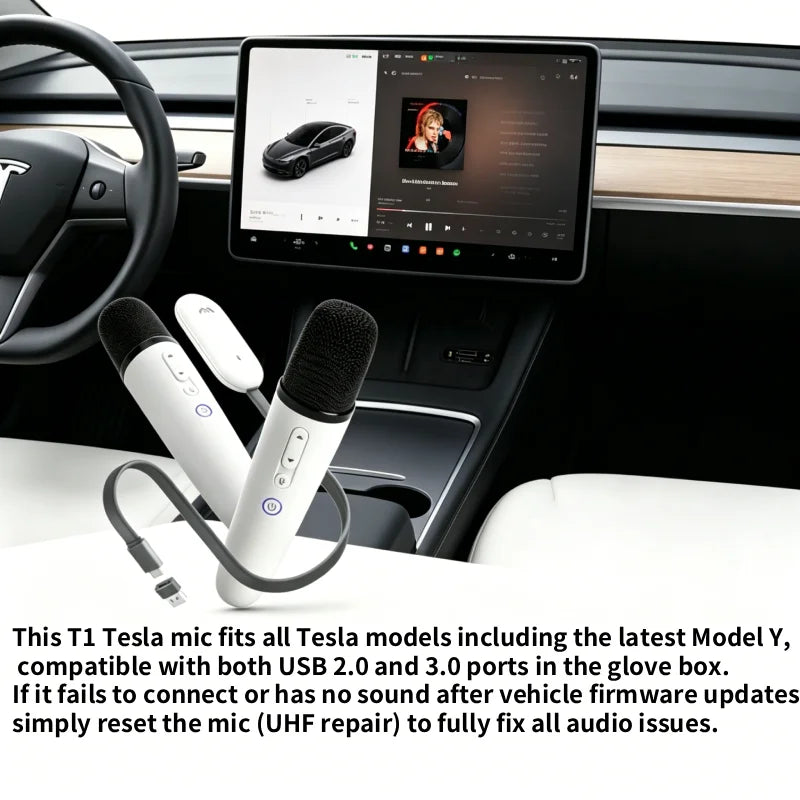 T1 Tesla Car Karaoke Microphone – Rechargeable Wireless Mic with USB-A & USB-C Receiver, Plug-and-Play No Pairing Required