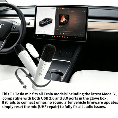 T1 Tesla Car Karaoke Microphone – Rechargeable Wireless Mic with USB-A & USB-C Receiver, Plug-and-Play No Pairing Required