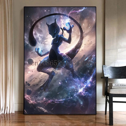 Pokémon Mewtwo HD Canvas Wall Art – Anime Watercolor Poster Print Modern Home Decor
