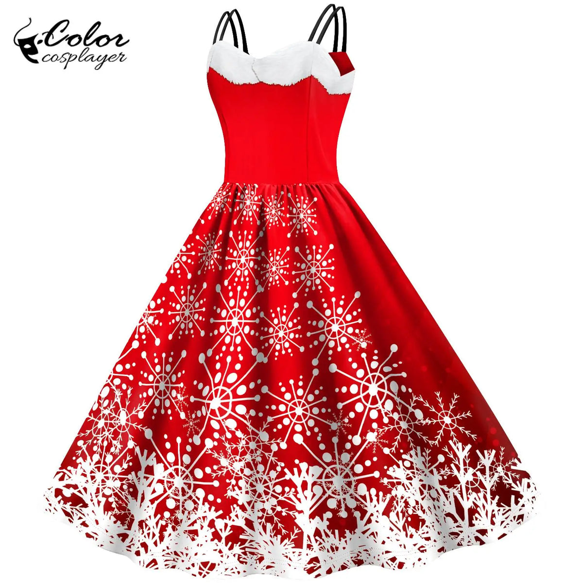 Women's Red Christmas Party Dress with 3D Snowflake Pattern, Vintage Chiffon Suspender Skirt Cosplay Costume, Festive Holiday Dress for Christmas Parties and New Year Celebrations