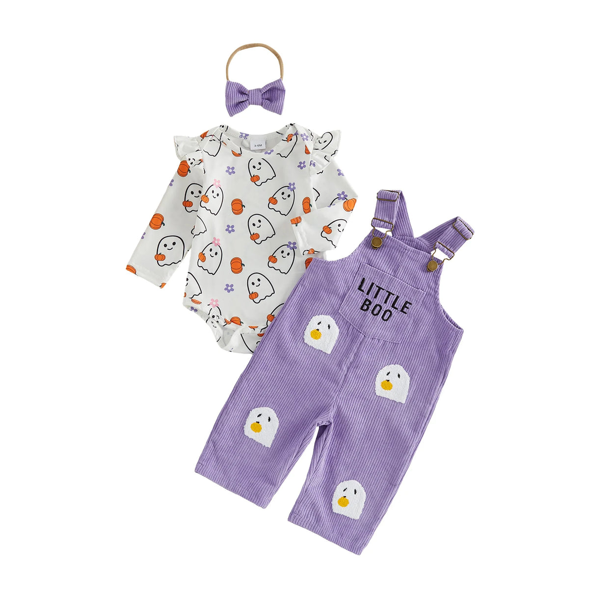 Toddler Girls 3-Piece Halloween Outfit – Long-Sleeve Striped Romper with Pumpkin & Ghost Embroidery, Overalls & Bow Headband