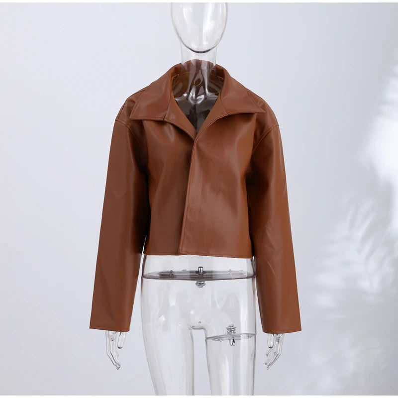 Women’s PU Leather Jacket – Long-Sleeve Stand Collar Zip-Up Coat, Casual Streetwear Outerwear for Autumn & Winter