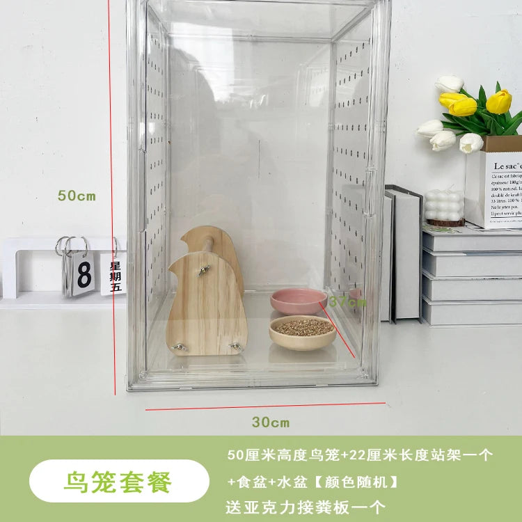 360° Clear View Acrylic Bird Cage – Splash-Proof Parrot Enclosure for Cockatiels & Mynah Birds, Easy-Clean Aviary Pet Supplies