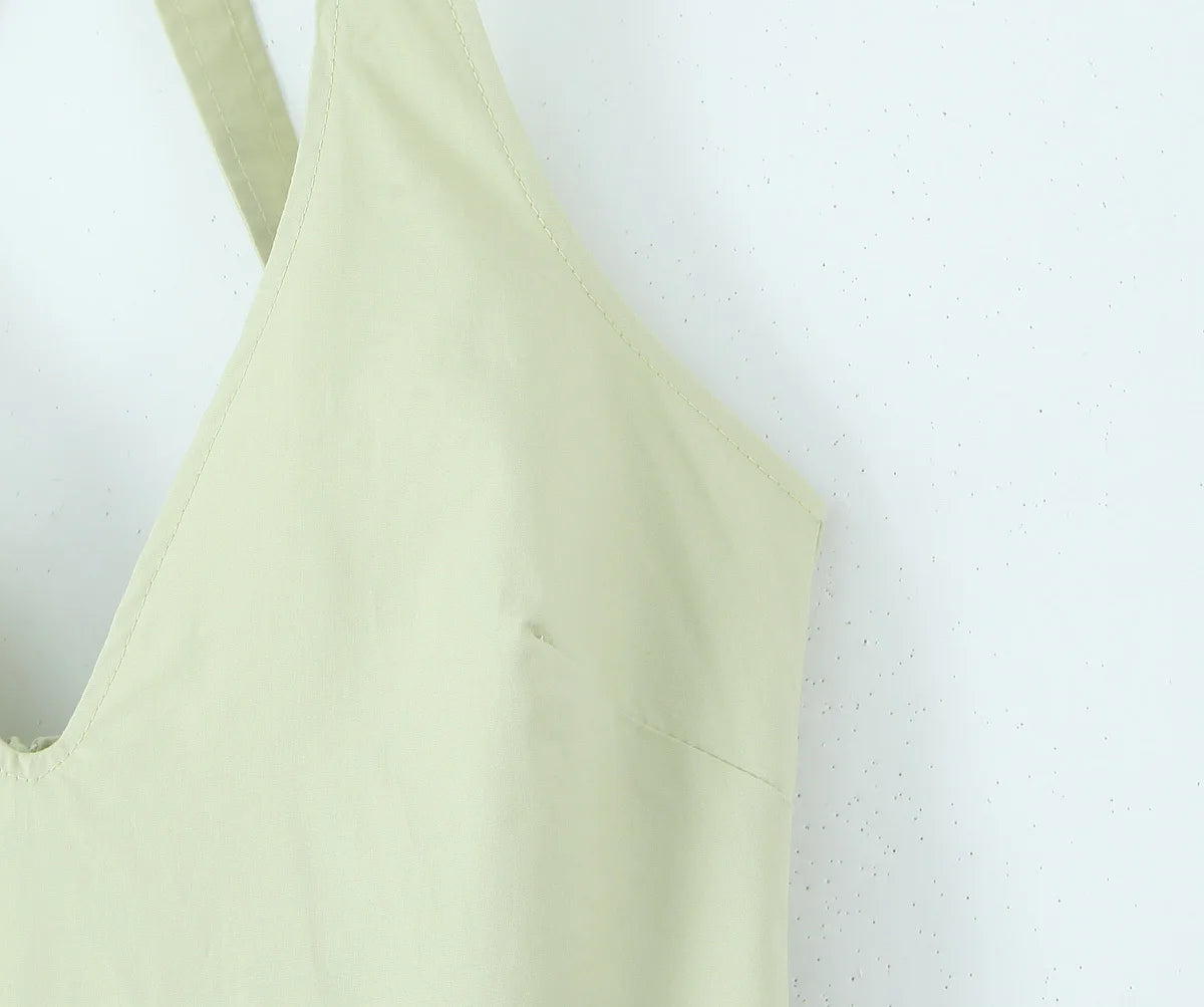 YENKYE Women’s Sexy Backless Green Halter Midi Dress Elegant Low Waist A-Line Cotton Summer Evening Party Robe