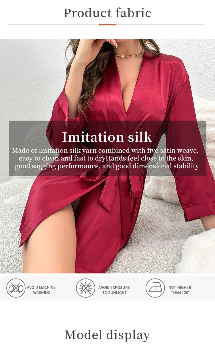 Women’s Summer Ice Silk Robe – Sexy Lace-Up Bathrobe Morning Gown Home Dress Loungewear