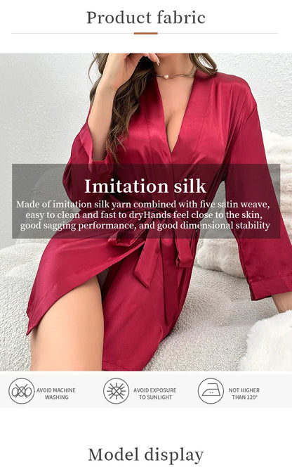 Women’s Summer Ice Silk Robe – Sexy Lace-Up Bathrobe Morning Gown Home Dress Loungewear
