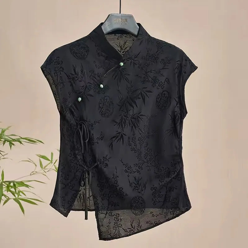 Blusa Jacquard Estilo Chino para Mujer – Top Cheongsam Vintage de Manga Corta, Camisa de Verano con Solapa Asimétrica
