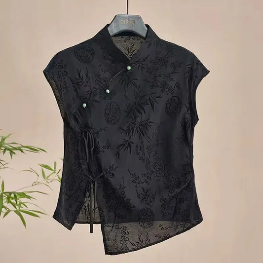 Blusa Jacquard Estilo Chino para Mujer – Top Cheongsam Vintage de Manga Corta, Camisa de Verano con Solapa Asimétrica