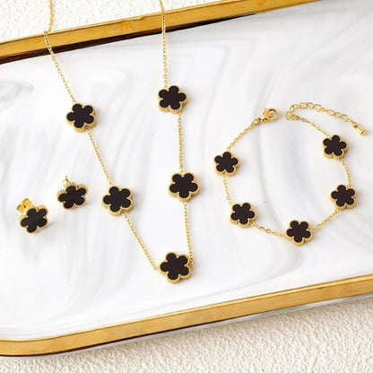 3Pcs Women’s 18K Gold Plated Five Leaf Flower Jewelry Set Clover Necklace Earrings Bracelet Party