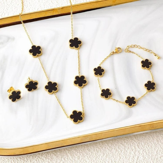 3Pcs Women’s 18K Gold Plated Five Leaf Flower Jewelry Set Clover Necklace Earrings Bracelet Party
