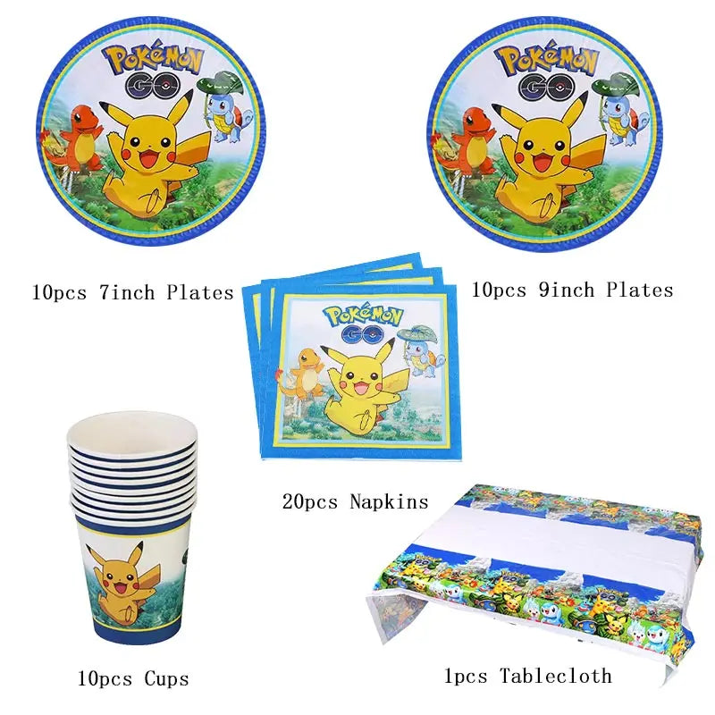 Pokémon Theme Birthday Party Decorations – Cartoon Pokémon Go Tableware Set (Cups, Plates & Pikachu Balloons) for Baby Shower & Party Favors