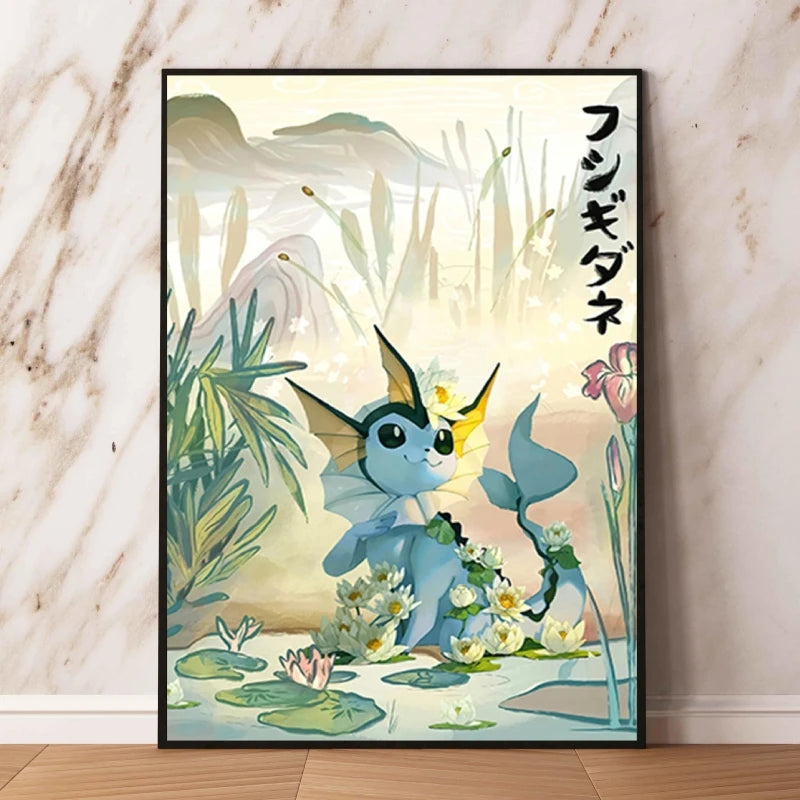 Japanese Anime Pokémon Canvas Wall Art – Pikachu, Charmander & Eevee Watercolor Poster Print Home Decor
