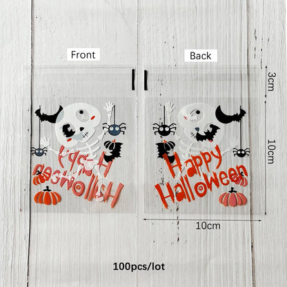 100PCS Halloween Candy Bags, Plastic Gift Packaging Bags with Ghost Pumpkin and Spider Prints, Trick or Treat Goodie Bags, Halloween Party Favors and Decorations