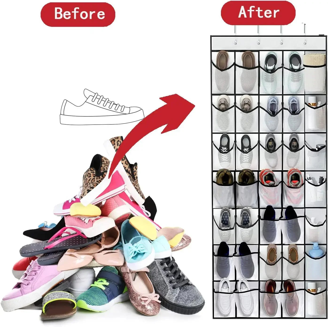 Over-the-Door Shoe Organizer - 12, 14 or 24 Pocket Hanging Shoe Storage with Large Mesh Pockets & 4 Hooks
