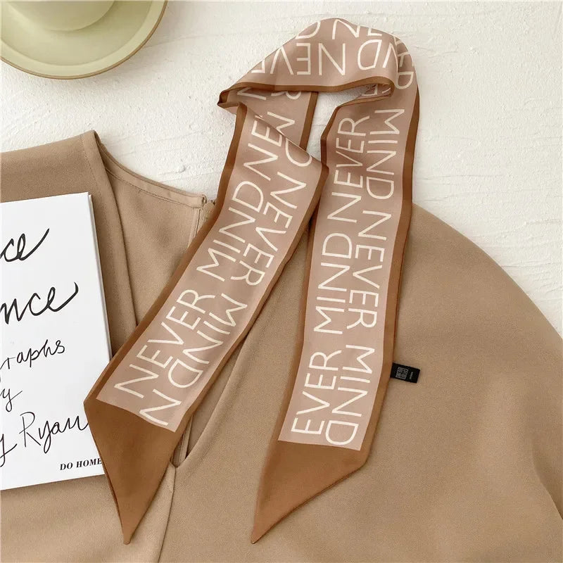 Khaki Nude Silk Scarf Hair Band – Vintage Satin Ribbon Bow Hair Accessory for Women | Elegant Fashion Hair Tie