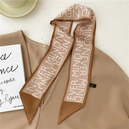 Khaki Nude Silk Scarf Hair Band – Vintage Satin Ribbon Bow Hair Accessory for Women | Elegant Fashion Hair Tie