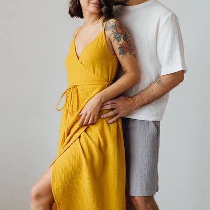 Vintage Women's Maxi Dress 100% Cotton Crepe Gauze V-Neck Sleeveless Bandage Long Elegant Summer Dress