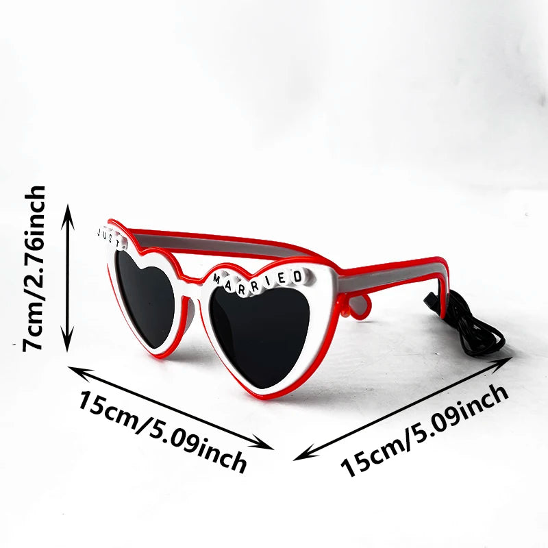 Just Married LED Heart Glasses – Light-Up EL Neon Glasses for Weddings, Engagements & Bridal Showers