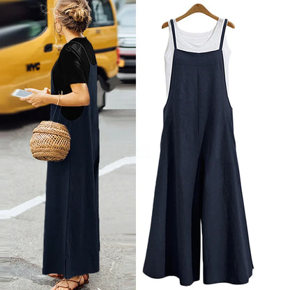 Women's Cotton Linen Wide Leg Jumpsuit Sleeveless Bib Overalls Casual Loose Summer Romper Plus Size 5XL