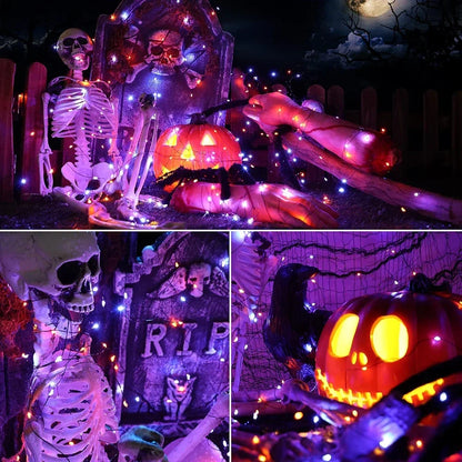 10–120M Halloween Purple & Orange Fairy String Lights – 8-Mode Black Wire LED Lights for Outdoor Christmas, Street, Garden & Party Decor