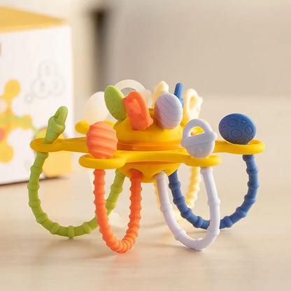 Juguete Sensorial de Silicona Montessori con Cuerda para Bebés – Mordedor Sonajero para Bebés de 6 a 12 Meses