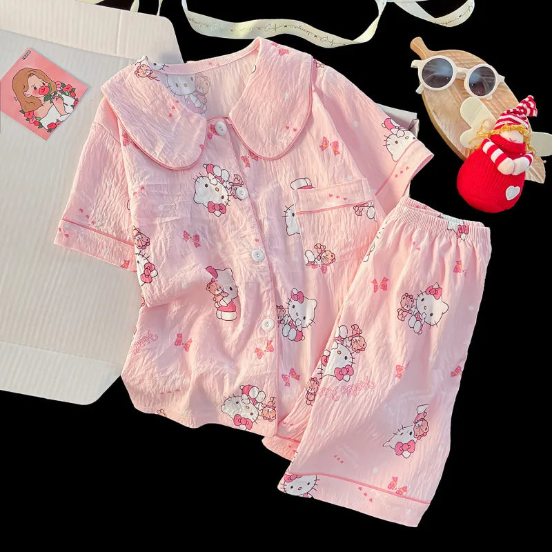 Girls Cotton Pajama Set – Soft Cloud Cotton Short Sleeve Button Front Sleepwear with Lace Trim for Summer