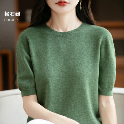 Women's 100% Wool Knitted Sweater – O-Neck Short-Sleeve Pullover, Warm Basic Casual Top for Fall & Winter, Available in 22 Colors