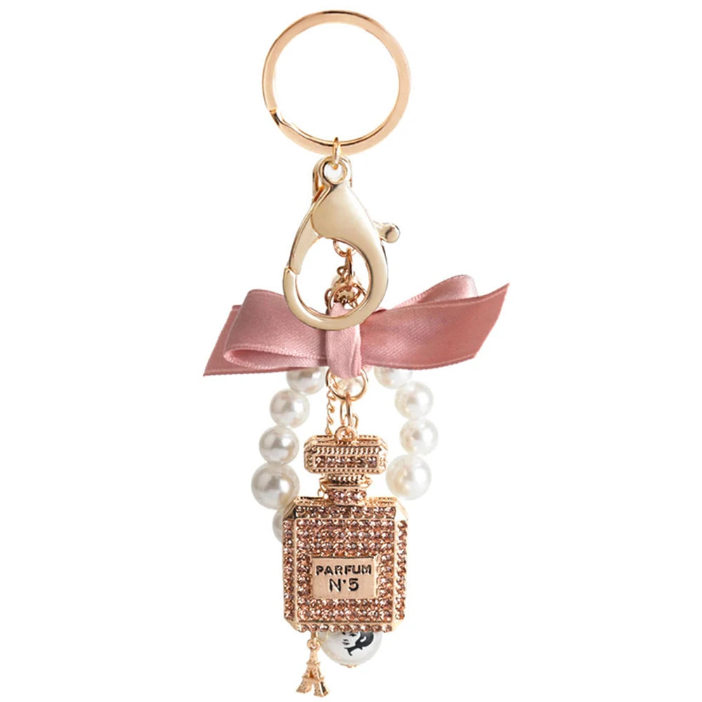 Imitation Pearl Perfume Bottle Keychain – Cute Bow Car Key Ring & Fashion Bag Charm Accessory for Women and Girls
