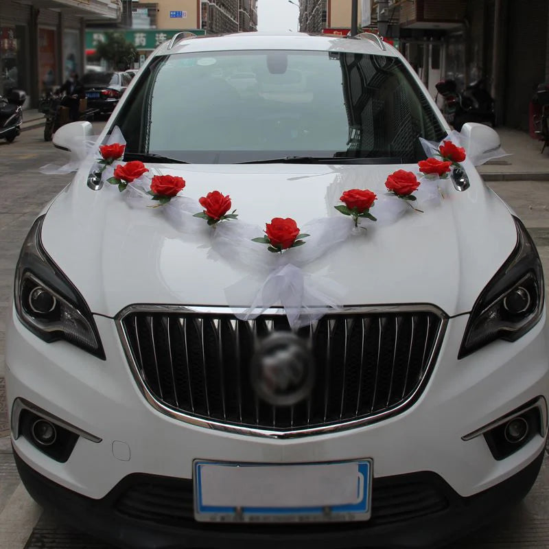 Décoration de voiture de mariage artificielle rose blanche – Ruban de fleurs en soie pour véhicules de mariée et poignées de porte