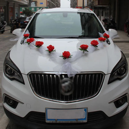 Décoration de voiture de mariage artificielle rose blanche – Ruban de fleurs en soie pour véhicules de mariée et poignées de porte