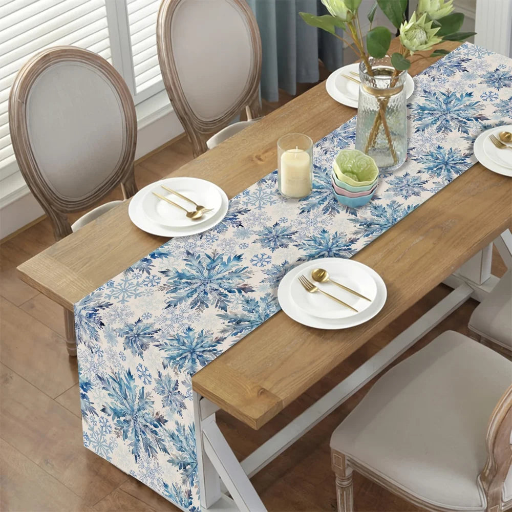 1PC Blue Snowflake Christmas Table Runner – Festive Winter Table Decor with Snowflakes & Pine Branches for Xmas Holiday Home