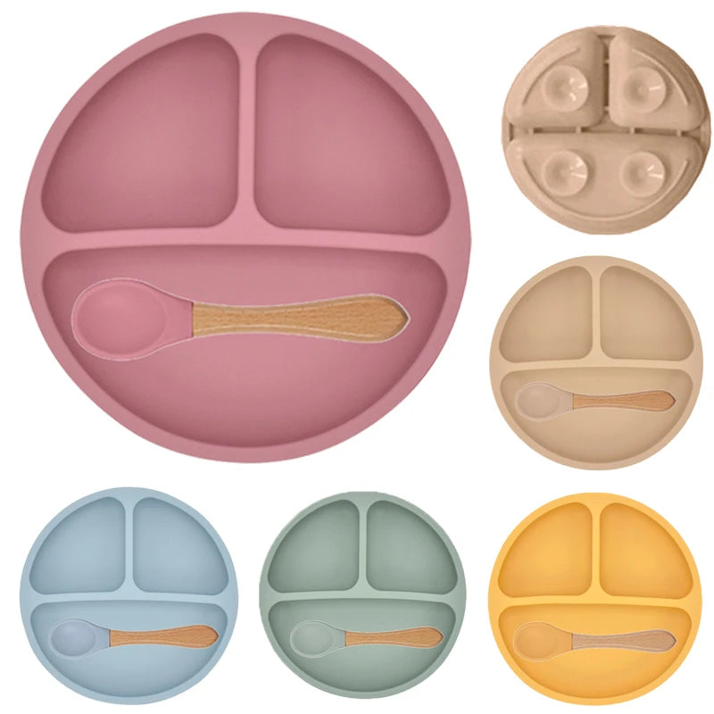Assiette à ventouse en silicone pour bébé – Assiette repas sourire pour tout-petits avec compartiments, vaisselle pour enfants sans BPA