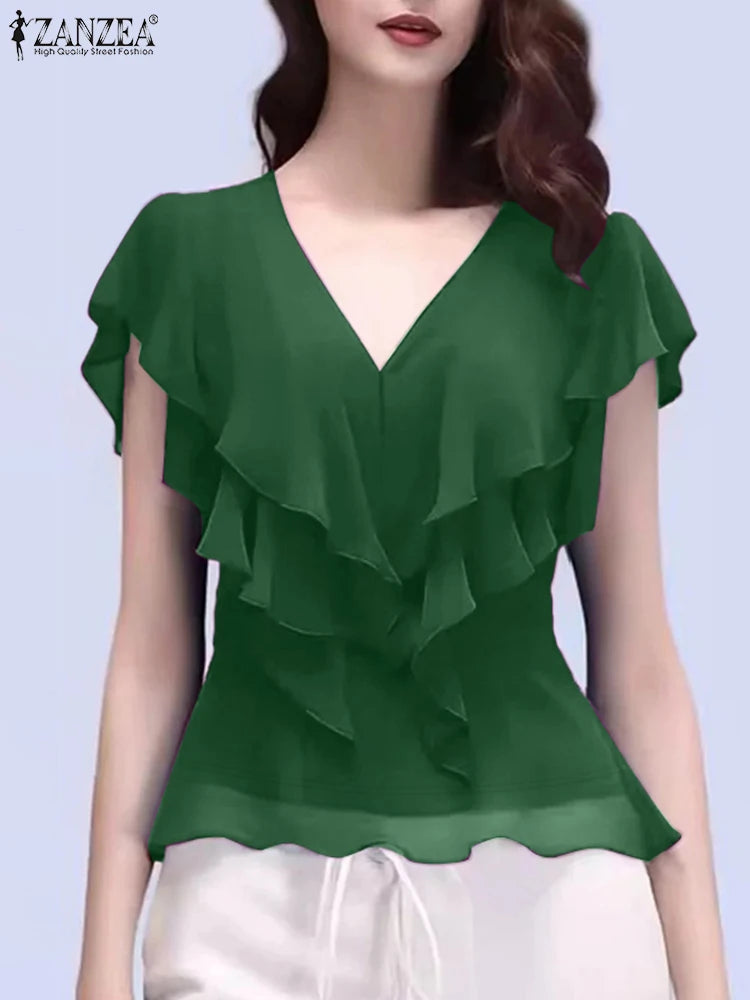 ZANZEA Women's Chiffon Blouse – Elegant Sheer Ruffle V-Neck Short Sleeve Solid Color Top for Summer